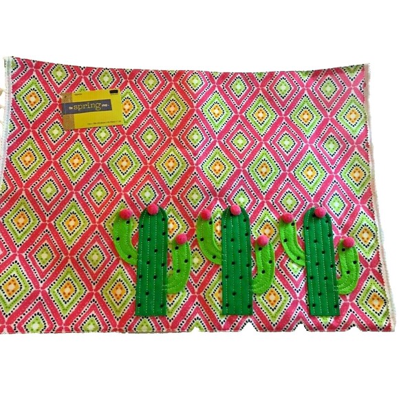 Placemats Cactus 4 Pink Green Applique Diamonds Pom Poms Lot Bright Colors NEW - Picture 2 of 6